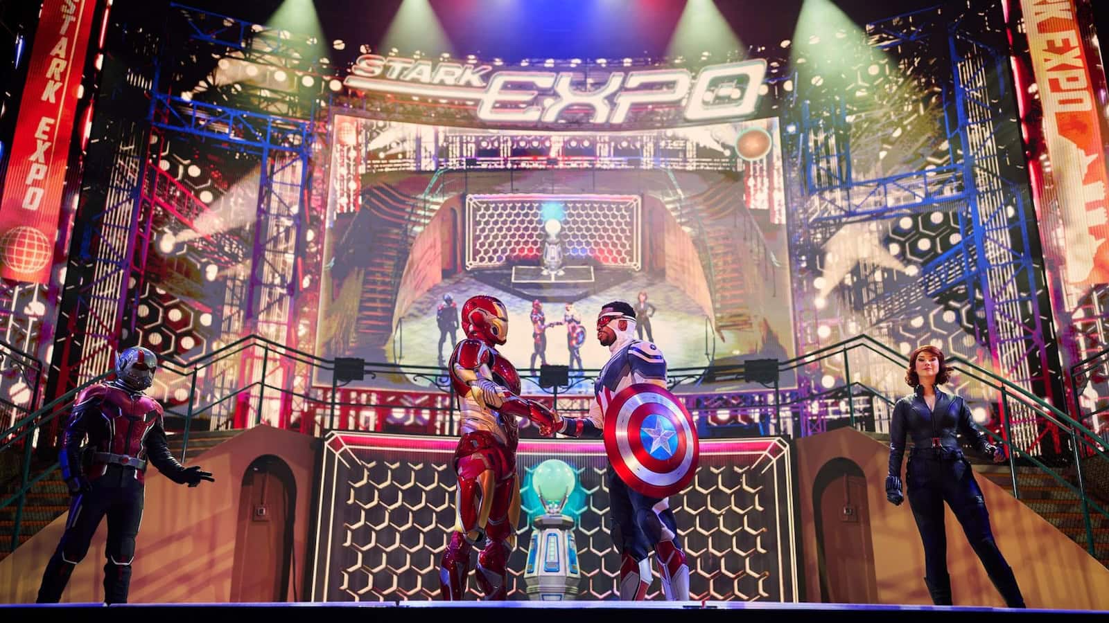 Avengers Assemble live stage show with Iron Man and Captain America in Marvel Landing on the Disney Adventure cruise ship
