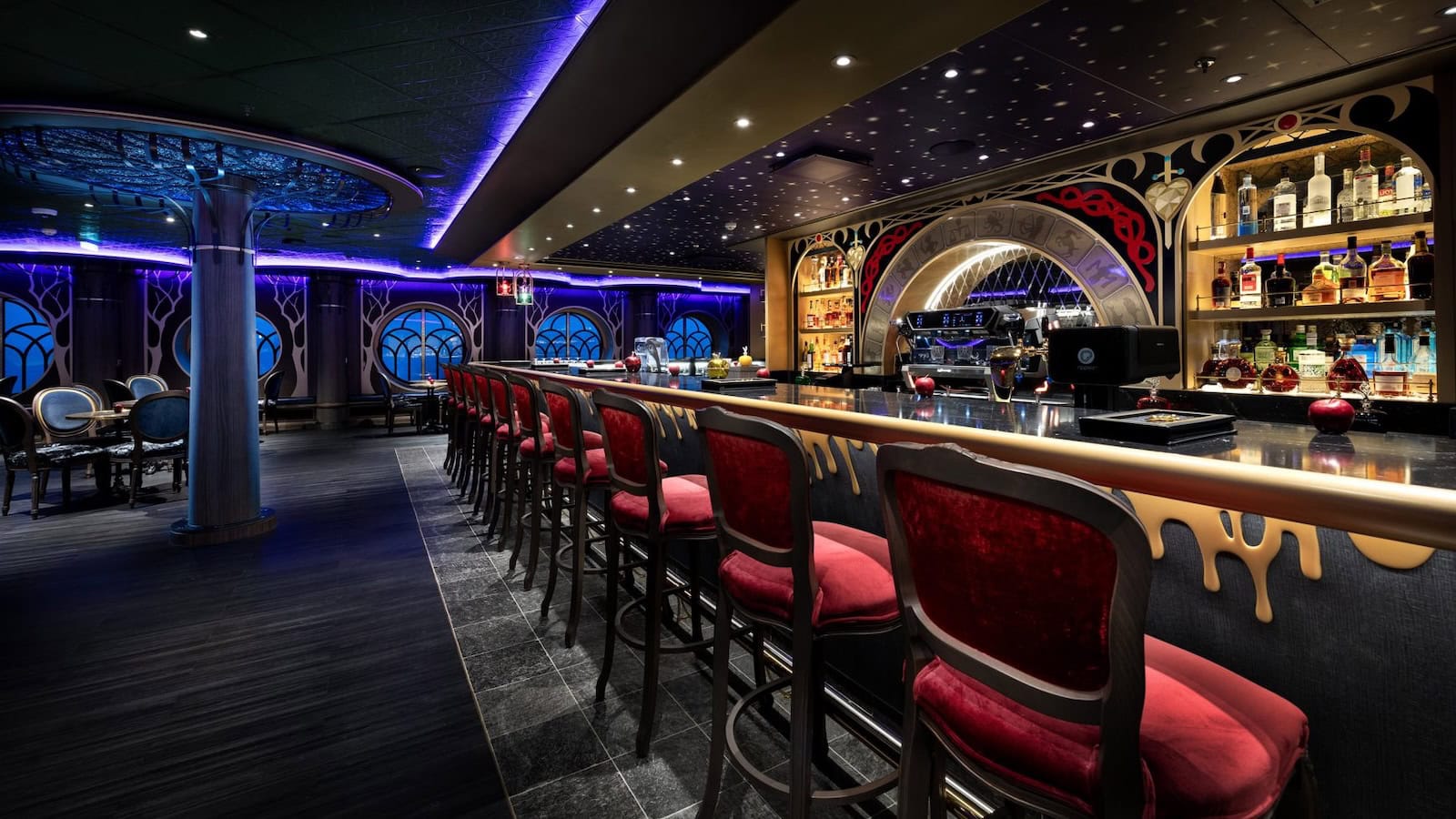 Spellbound themed cocktail lounge on the Disney Adventure cruise ship designed for adults