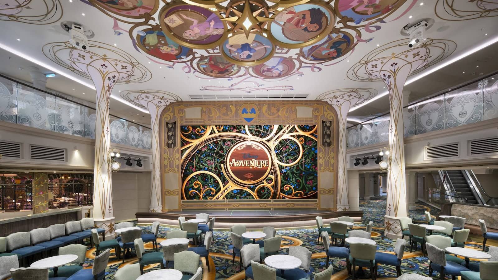 Town Square lounge and stage area on the Disney Adventure cruise ship for Disney princess encounters and shows