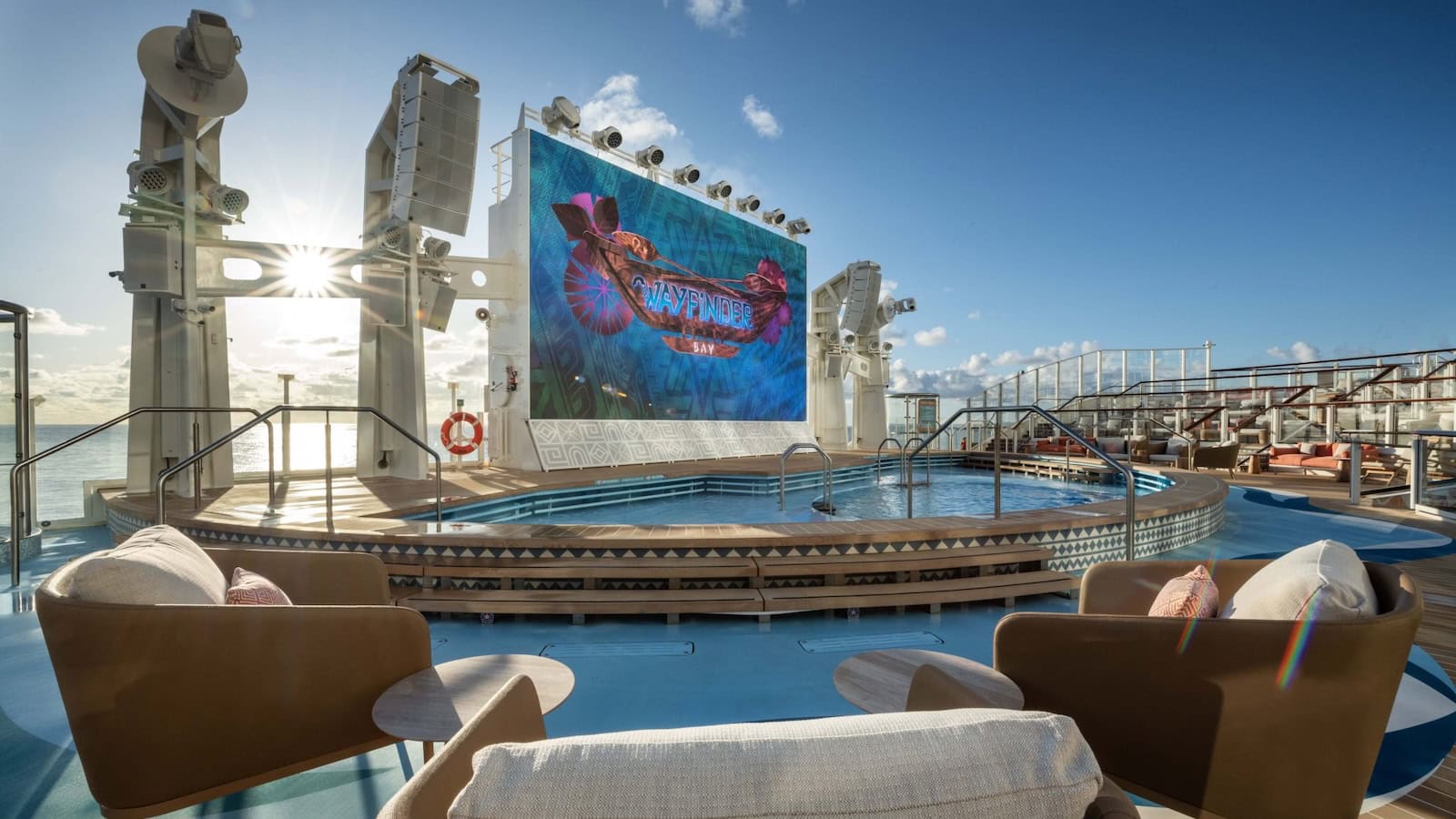 Wayfinder Bay Moana themed pool and outdoor entertainment area on the Disney Adventure cruise ship