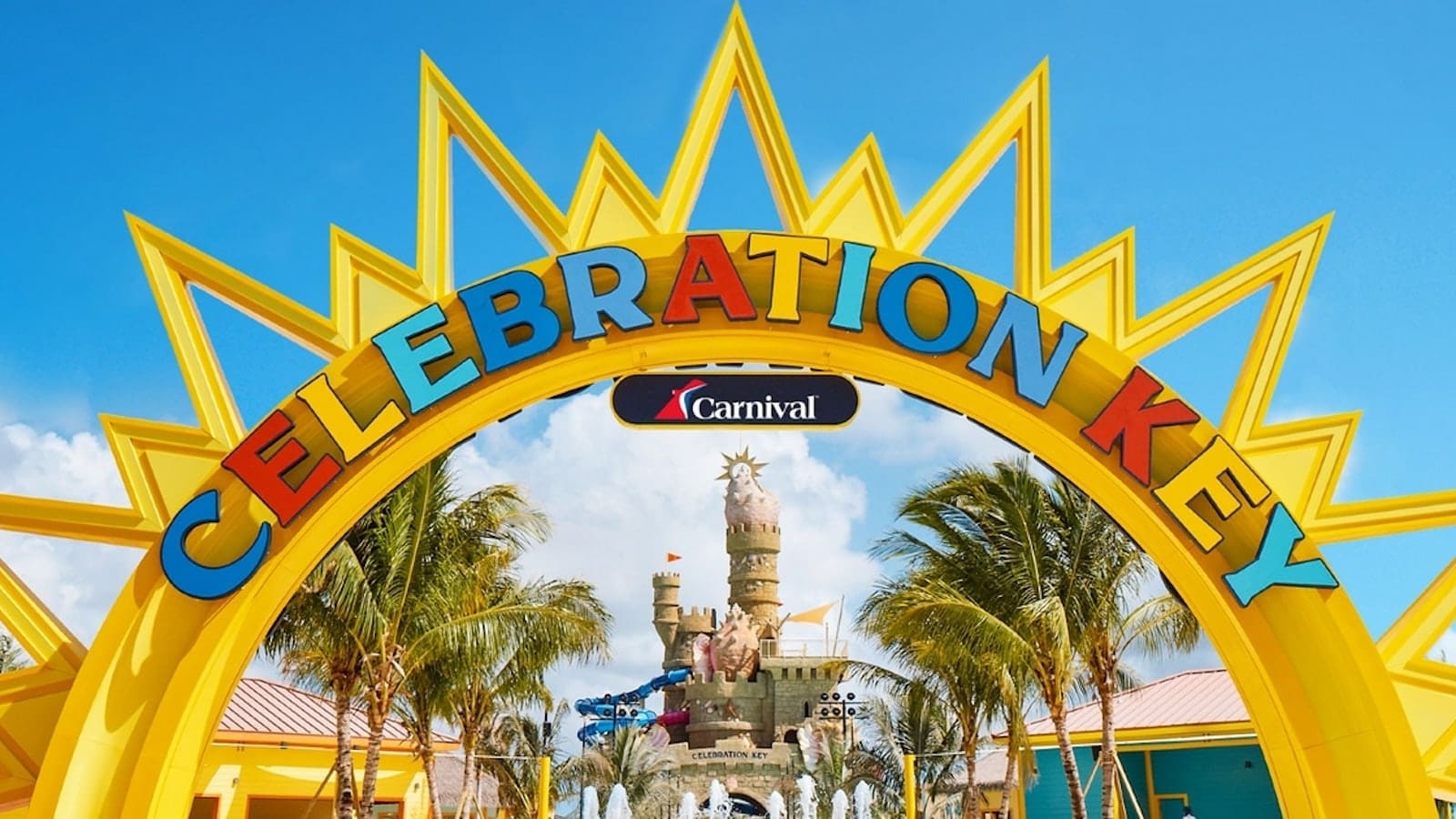 Carnival Celebration Key entrance arch with palm trees and resort area in the Bahamas