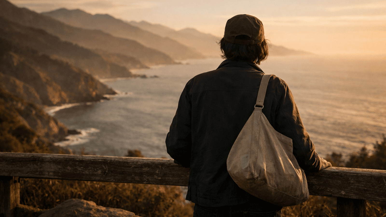 Traveler overlooking a rugged coastline at golden hour on the Deep Arrival Discover page.