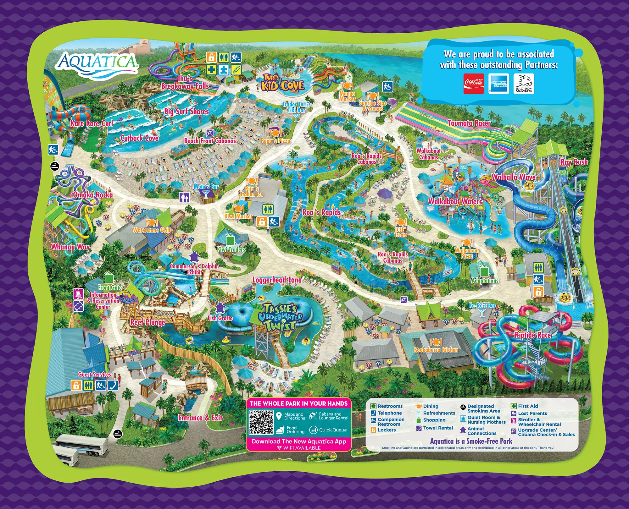 Aquatica Orlando park map showing Reef Plunge, the wave pools, Loggerhead Lane, Roa's Rapids, the slide towers, and the kids areas