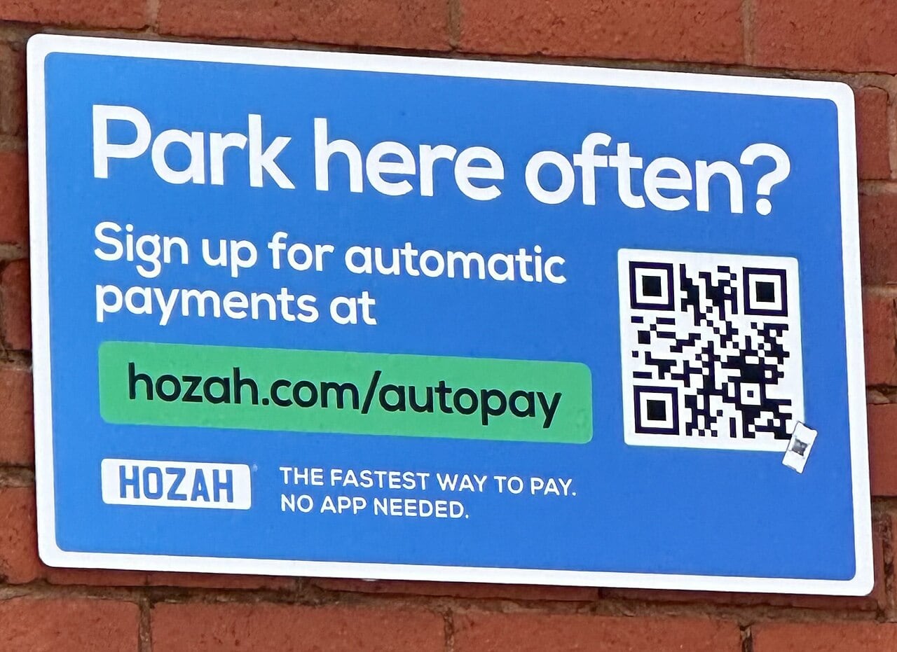 Hozah Automatic Parking Payment Sign With qr Code on Pentagon Shopping Centre Roof car Park2c Chatham2c Kent2c England October