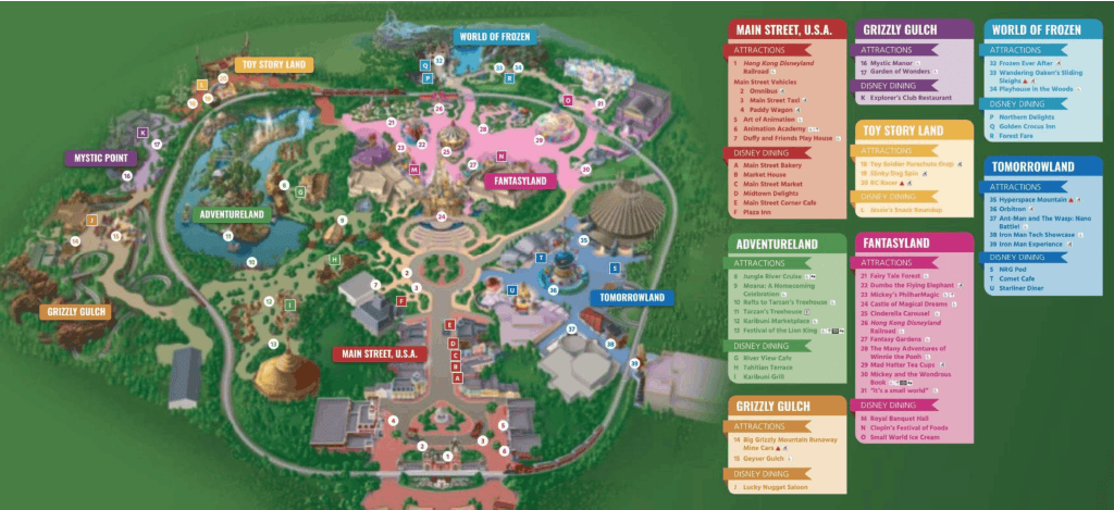 Hong Kong Disneyland map showing the eight lands around the Castle of Magical Dreams, including Main Street USA, Adventureland, Grizzly Gulch, Mystic Point, Fantasyland, Tomorrowland, Toy Story Land, and World of Frozen