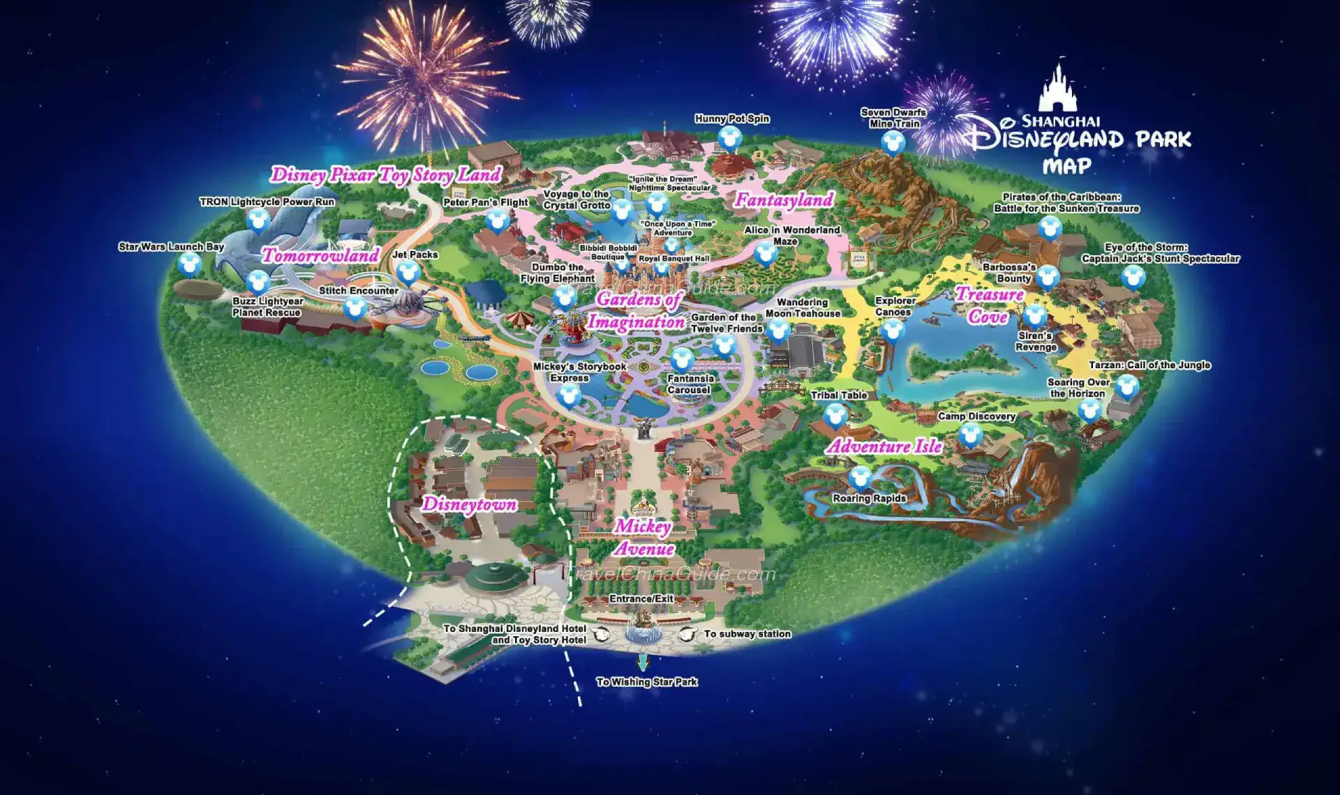 Shanghai Disneyland map showing the eight lands around the Enchanted Storybook Castle, including Mickey Avenue, Gardens of Imagination, Adventure Isle, Treasure Cove, Fantasyland, Tomorrowland, Toy Story Land, and Zootopia