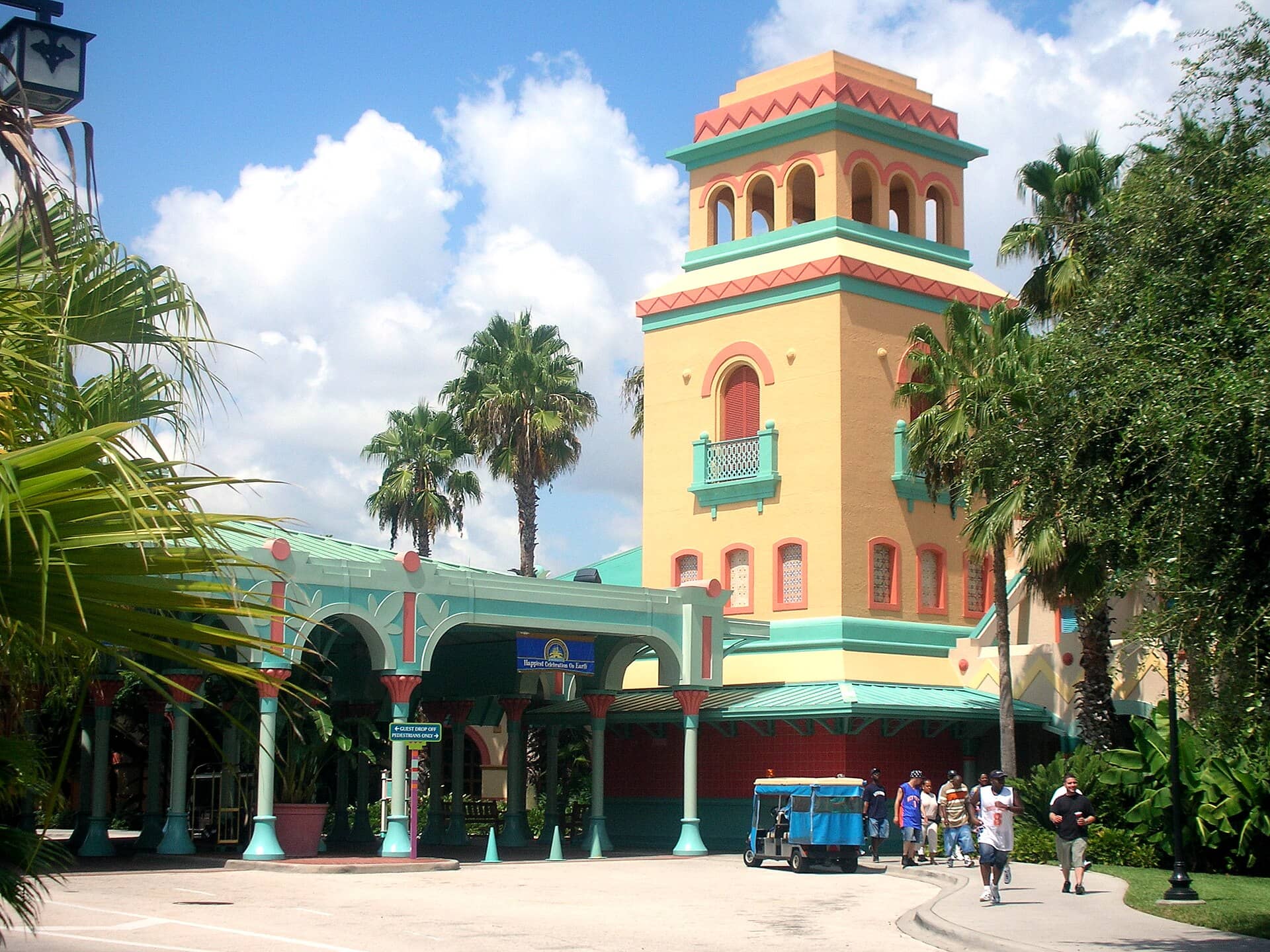 Colorful village buildings along the water at Disney's Caribbean Beach Resort