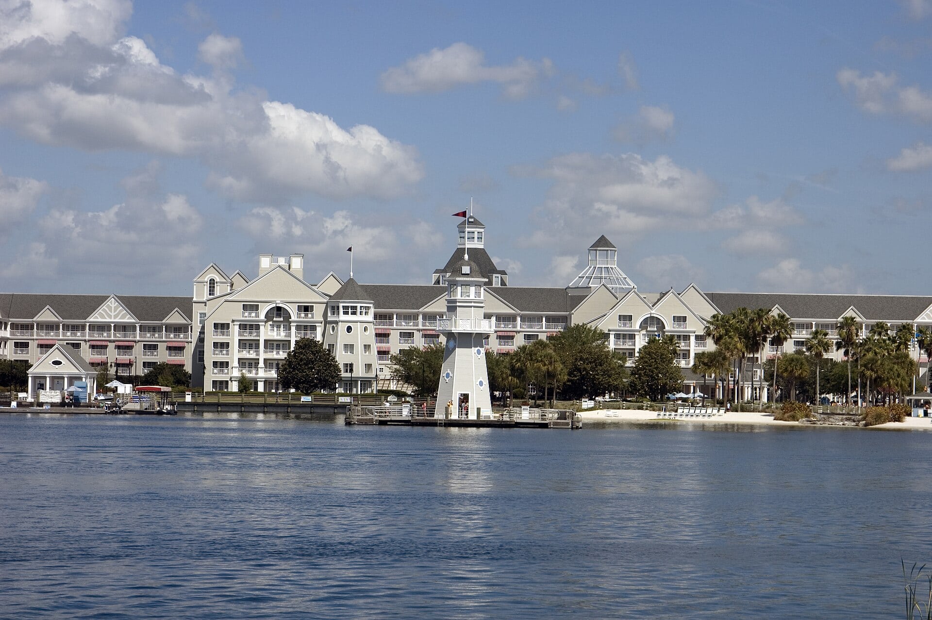 A gray shingle building at Disney's Yacht Club Resort on Crescent Lake
