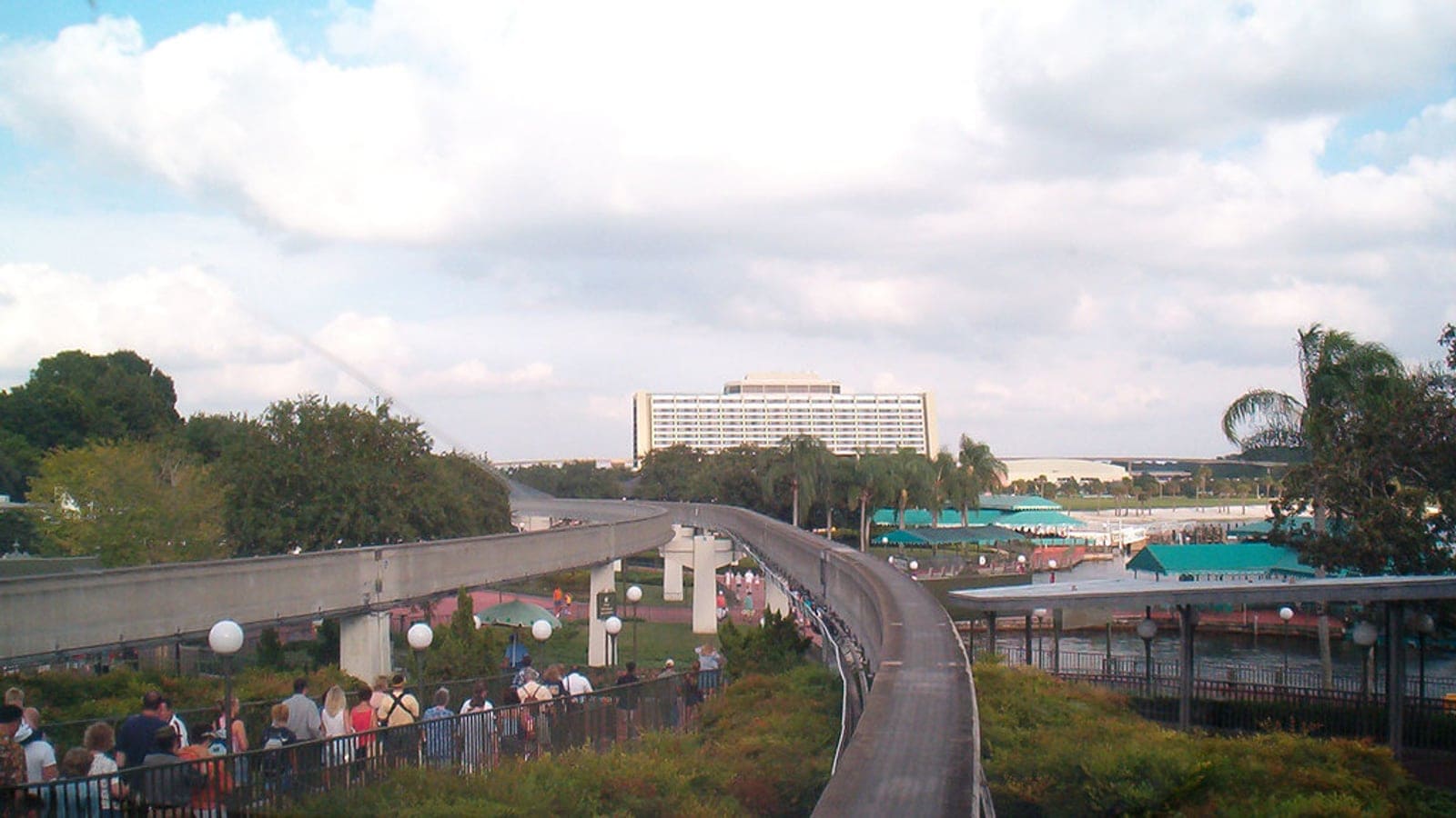 Walt Disney World Resort Monorail in motion near a resort station