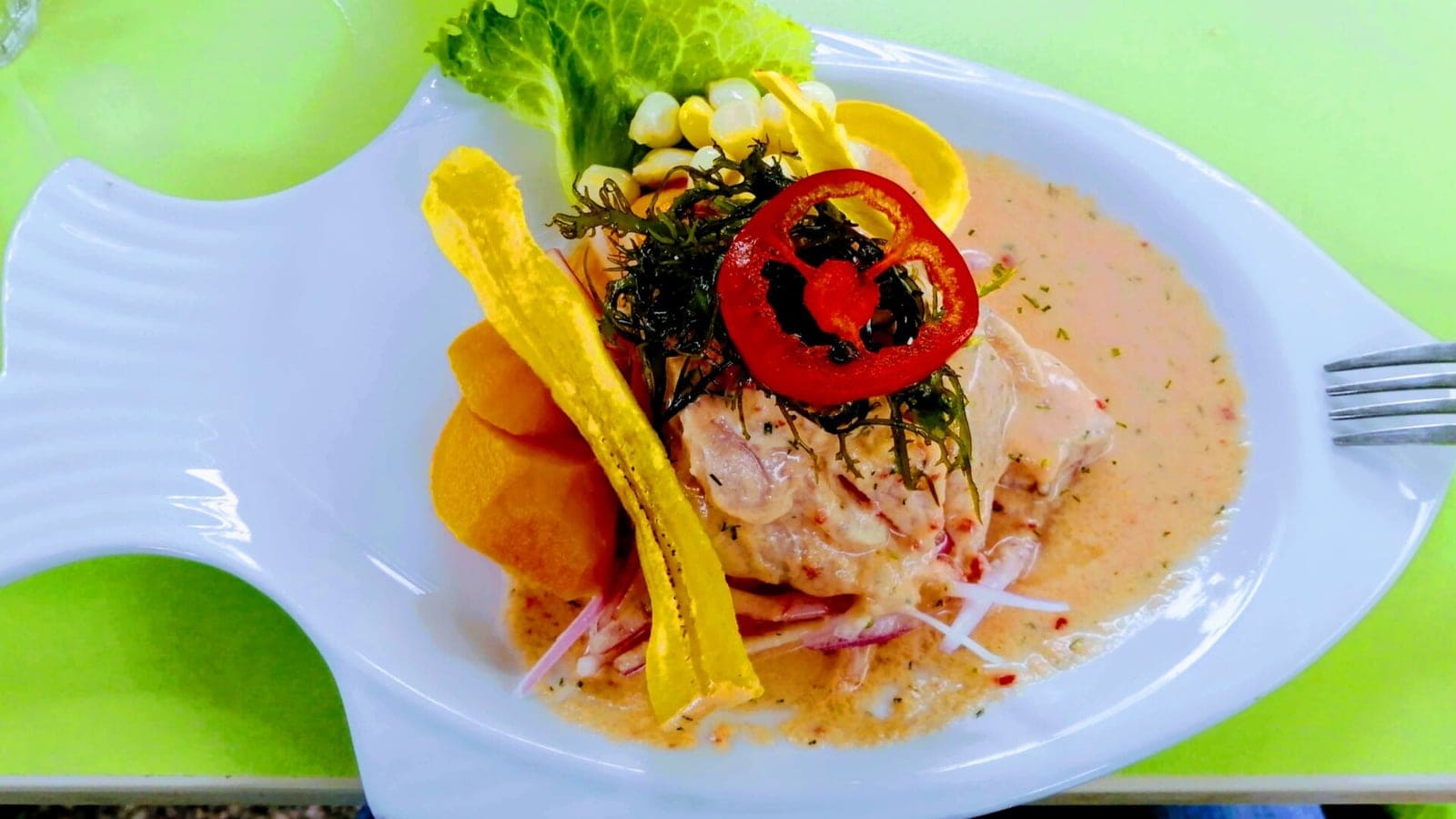A plate of freshly prepared traditional Latin American ceviche, filled with lime-cured fish, red onions, tomatoes, and fresh cilantro, served on an outdoor oceanfront table.