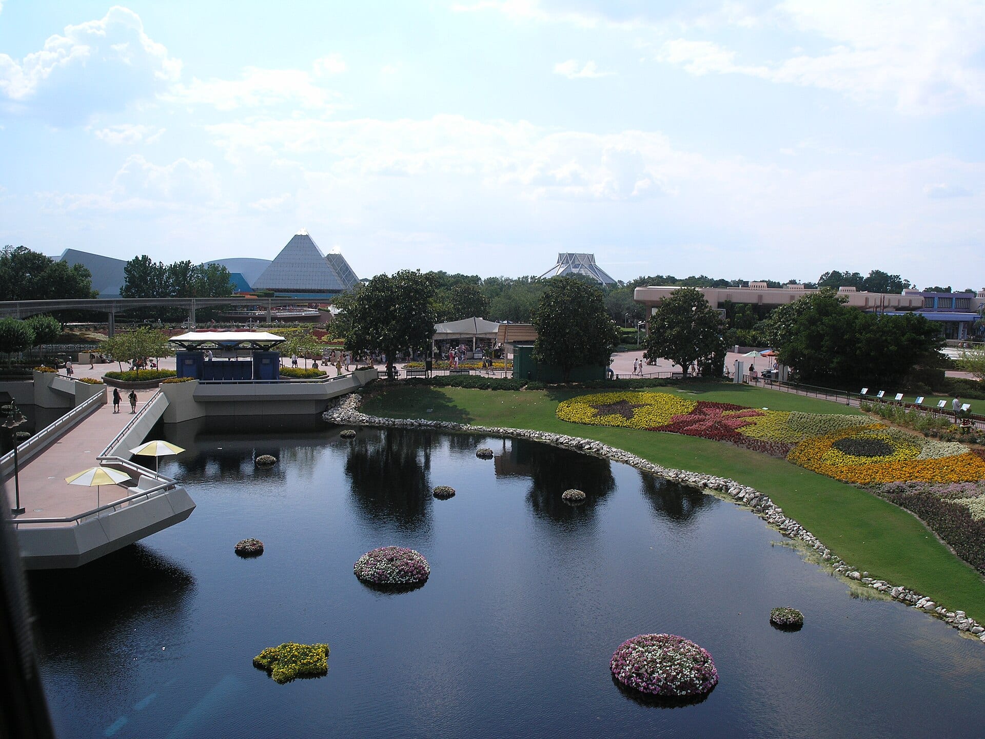The Imagination! pavilion pyramids at Epcot seen across the walkway