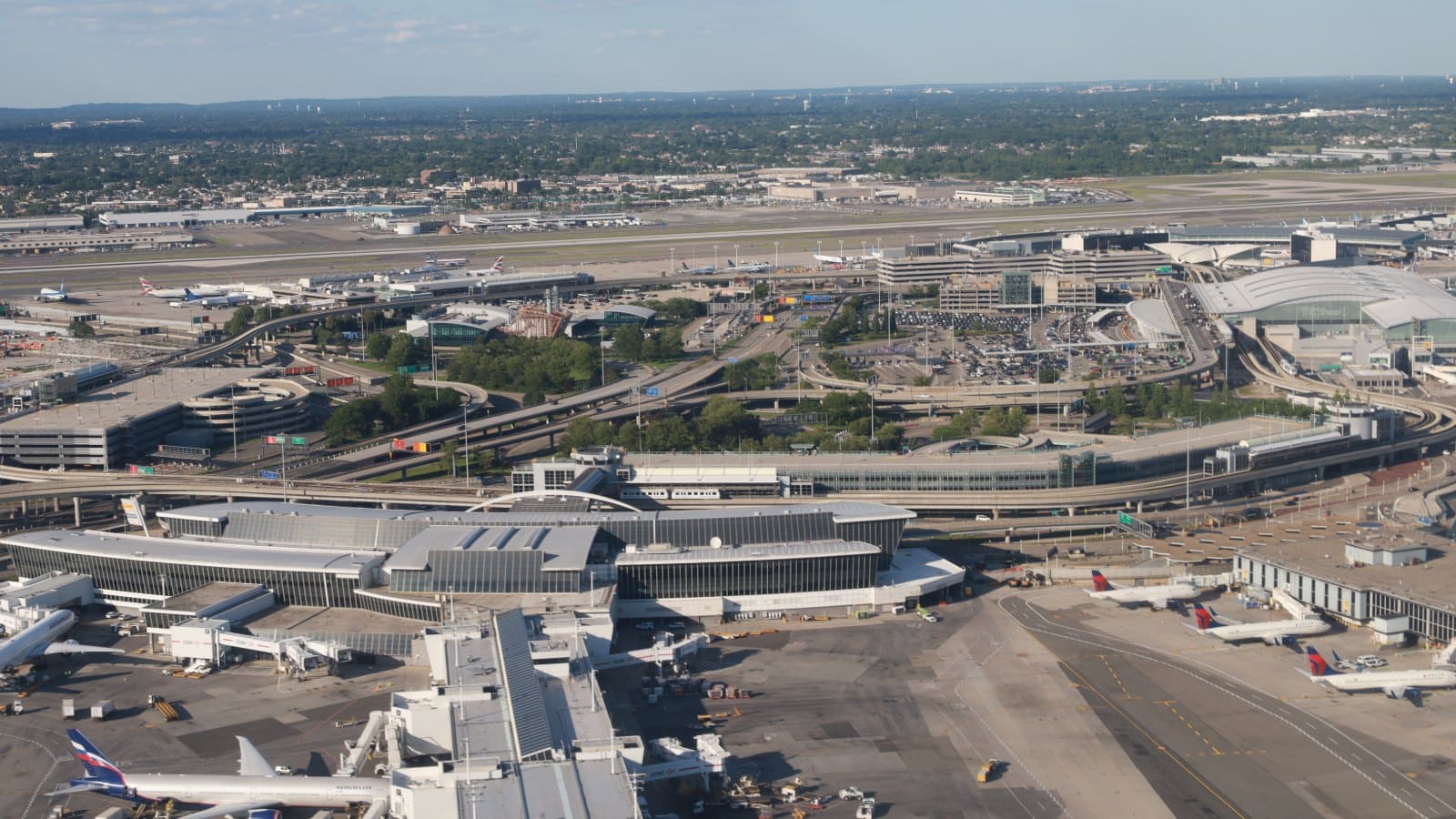 Aerial view of John F. Kennedy International Airport in New York showing its terminals and airfield