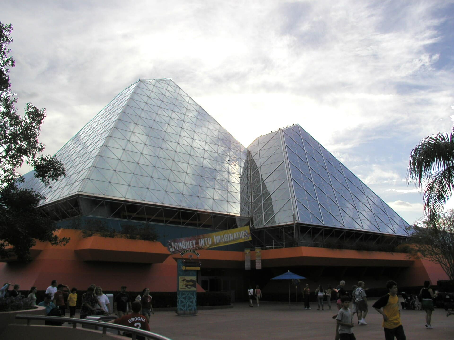 The two glass pyramids of the Imagination! pavilion at Epcot, home of Journey Into Imagination With Figment