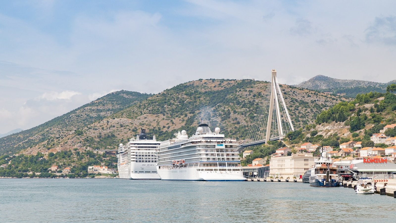 Several cruise ships docked at the cruise port in Dubrovnik, Croatia.