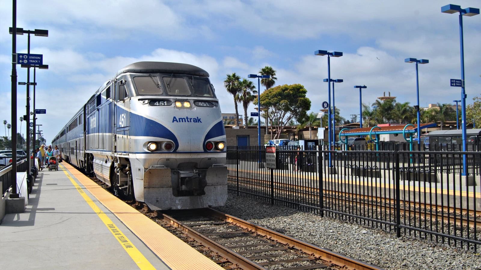 Amtrak Pacific Surfliner train at Oceanside Station in Southern California.