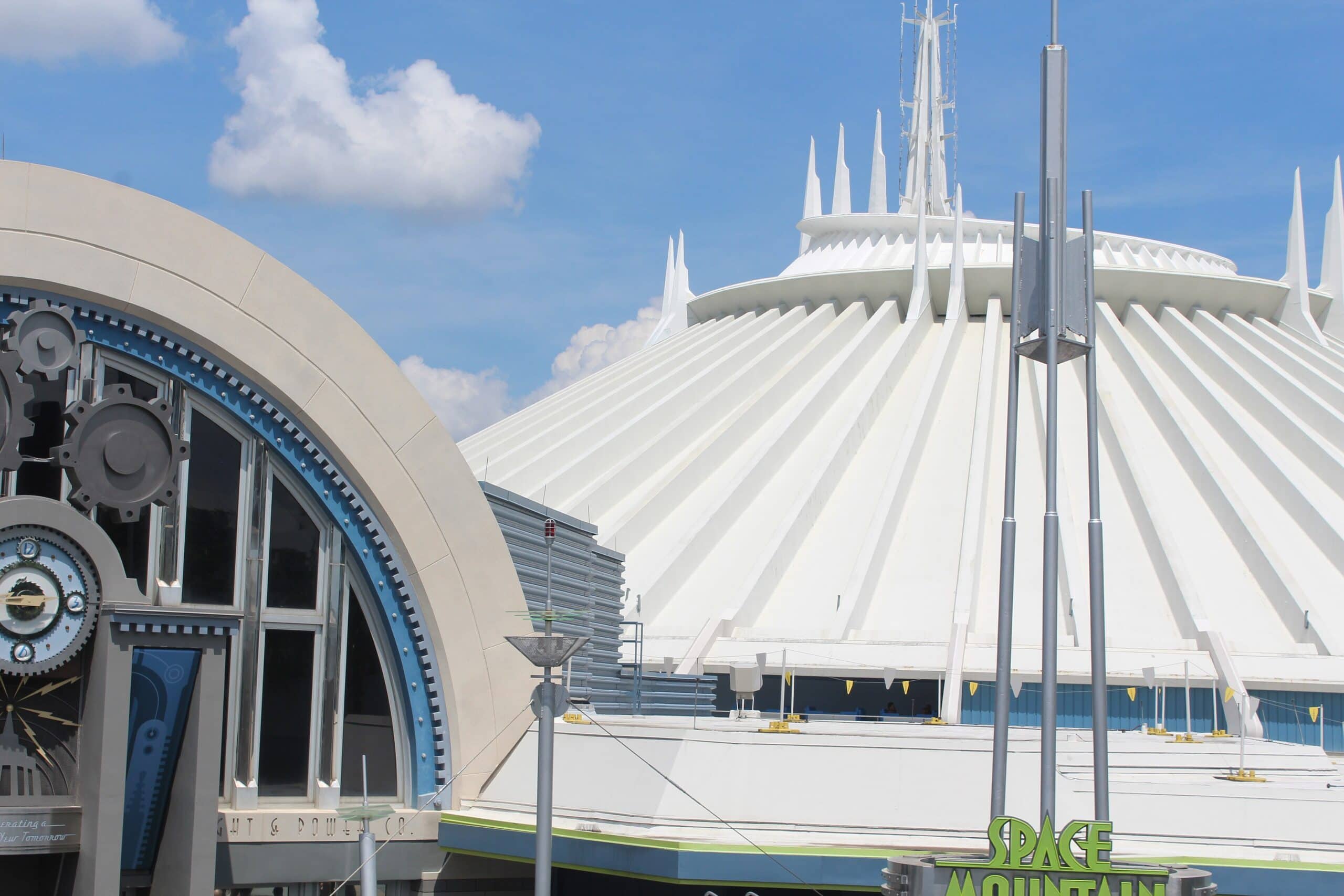 Space Mountain white cone roller coaster building in Tomorrowland at Magic Kingdom on a bright day