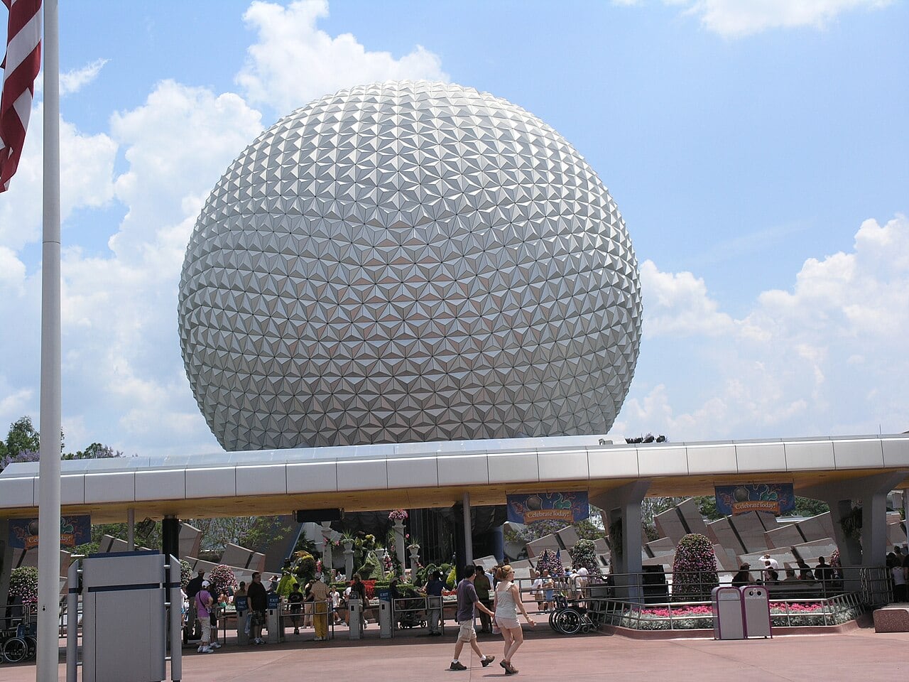 Spaceship Earth, the iconic geodesic sphere at EPCOT, on a bright day