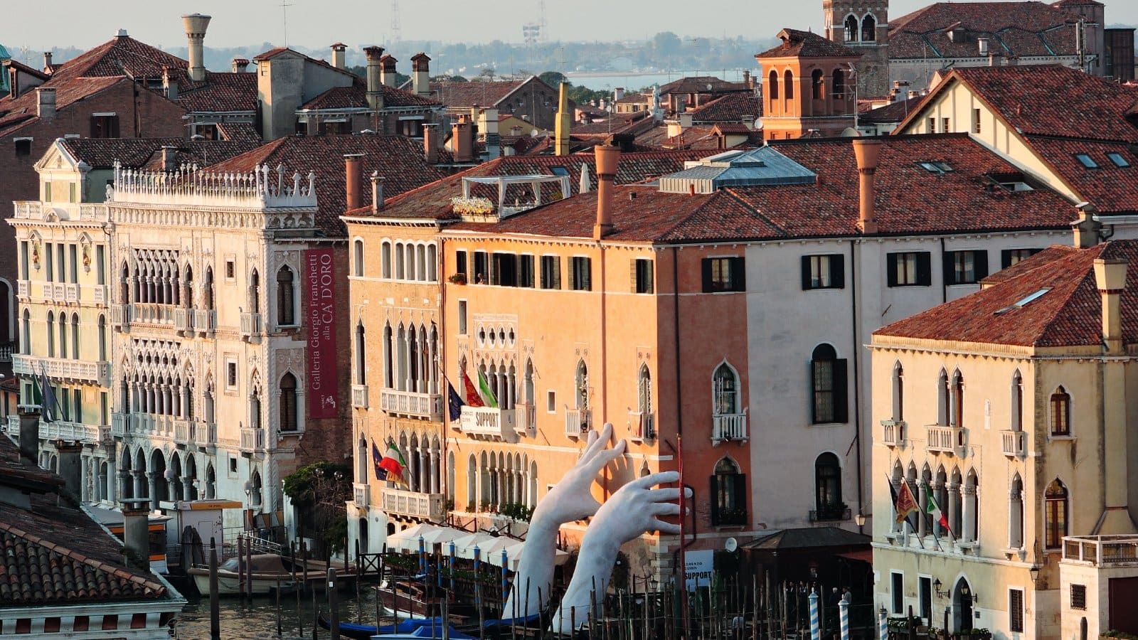 View over the Grand Canal and historic rooftops in central Venice, Italy