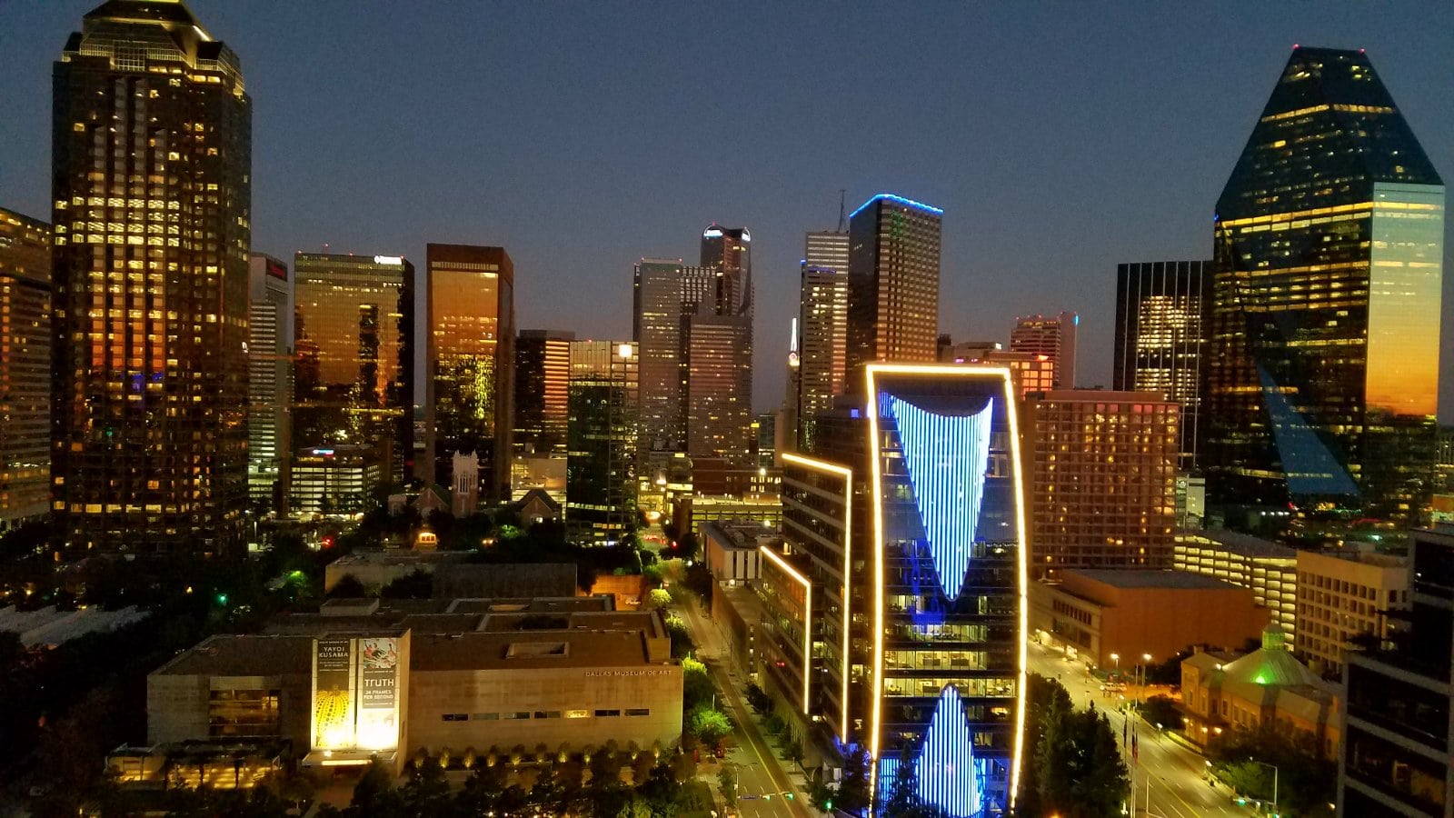Downtown Dallas skyline lit up at night, one of the 2026 World Cup host cities