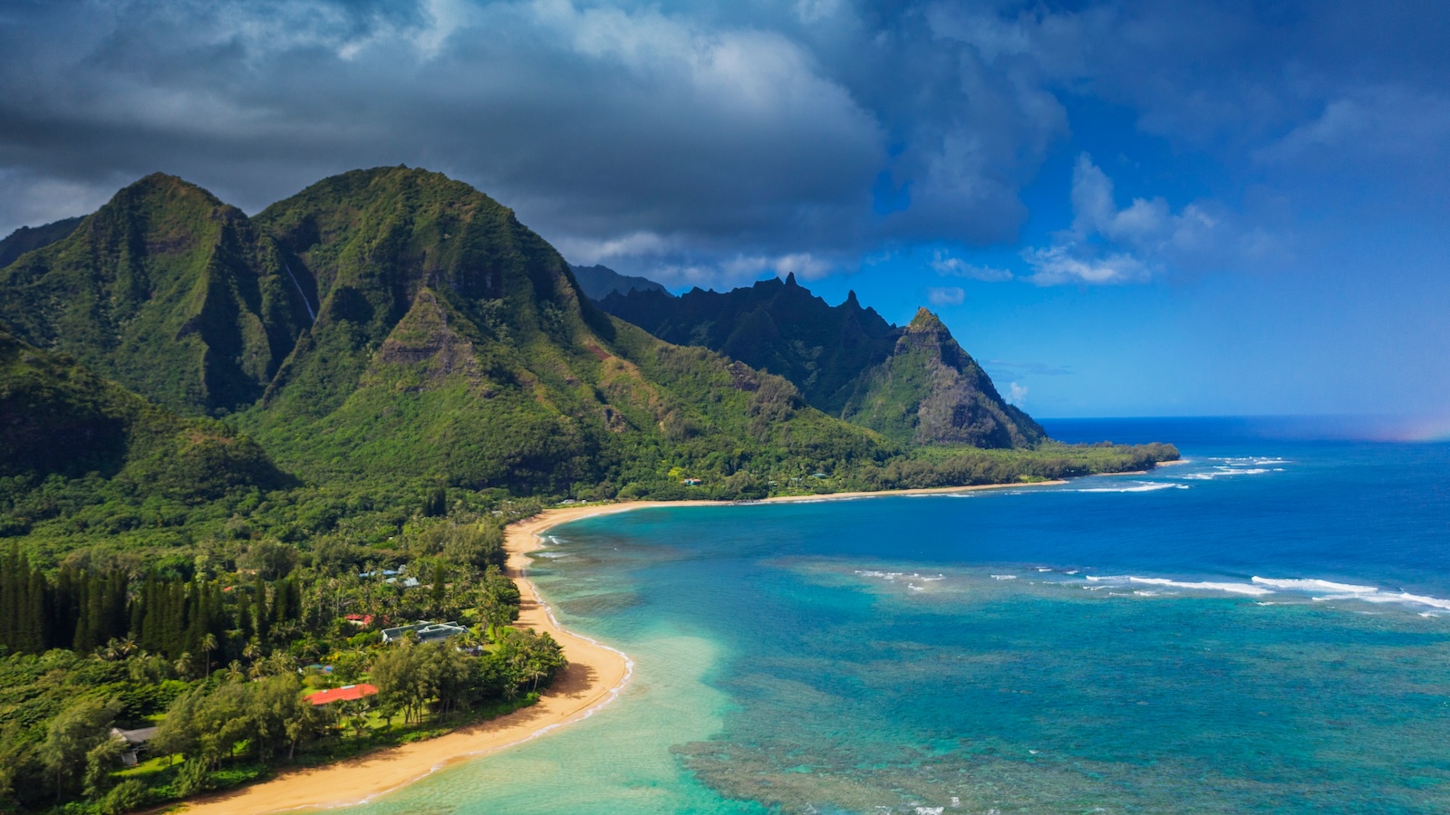 Aerial view by drone of tunnels beach, haena state park, kauai island, hawaii, united states of america, north america