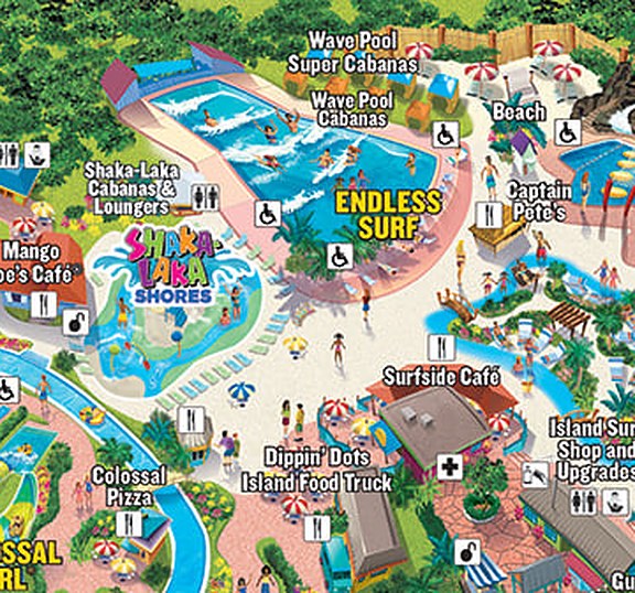 Archived Adventure Island map detail showing Endless Surf, Shaka-Laka Shores, Mango Joe’s Café and Surfside Café