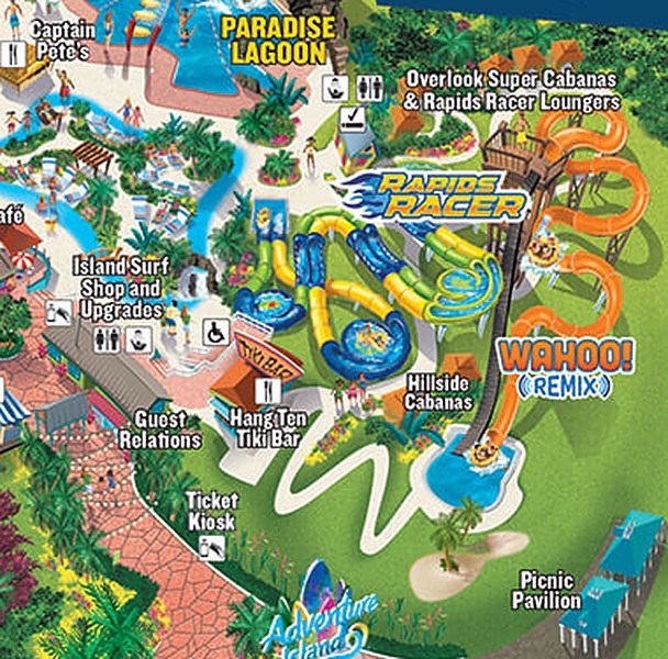 Archived Adventure Island map detail showing Rapids Racer, Wahoo Remix, Guest Relations and the entry path