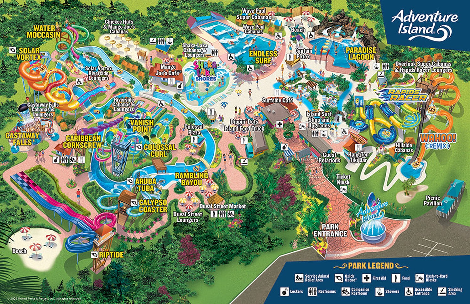 Archived Adventure Island illustrated map showing named slides, pools, Castaway Falls and the park entrance