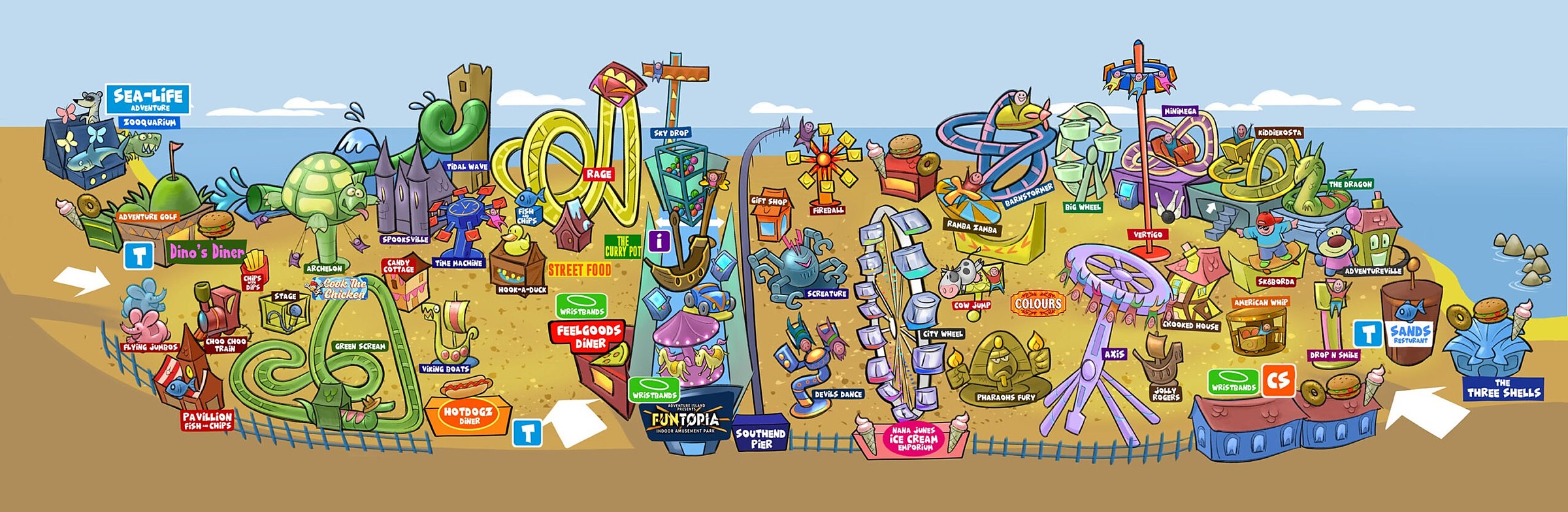 Current Adventure Island park map for Southend-on-Sea showing rides, services, entrances and Southend Pier
