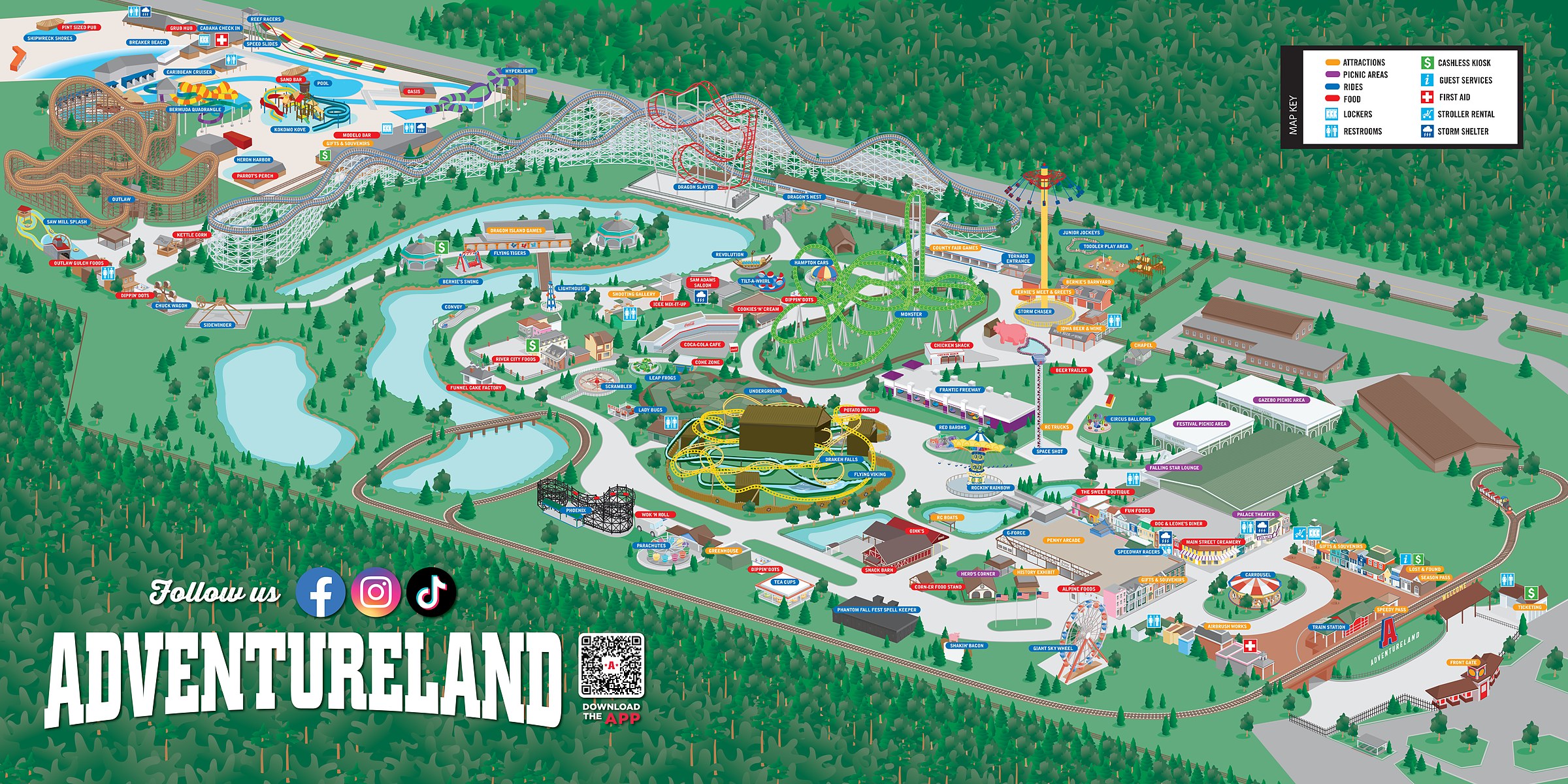 Map of Adventureland Iowa 2026 in Altoona showing the coasters, the water park, and Main Street