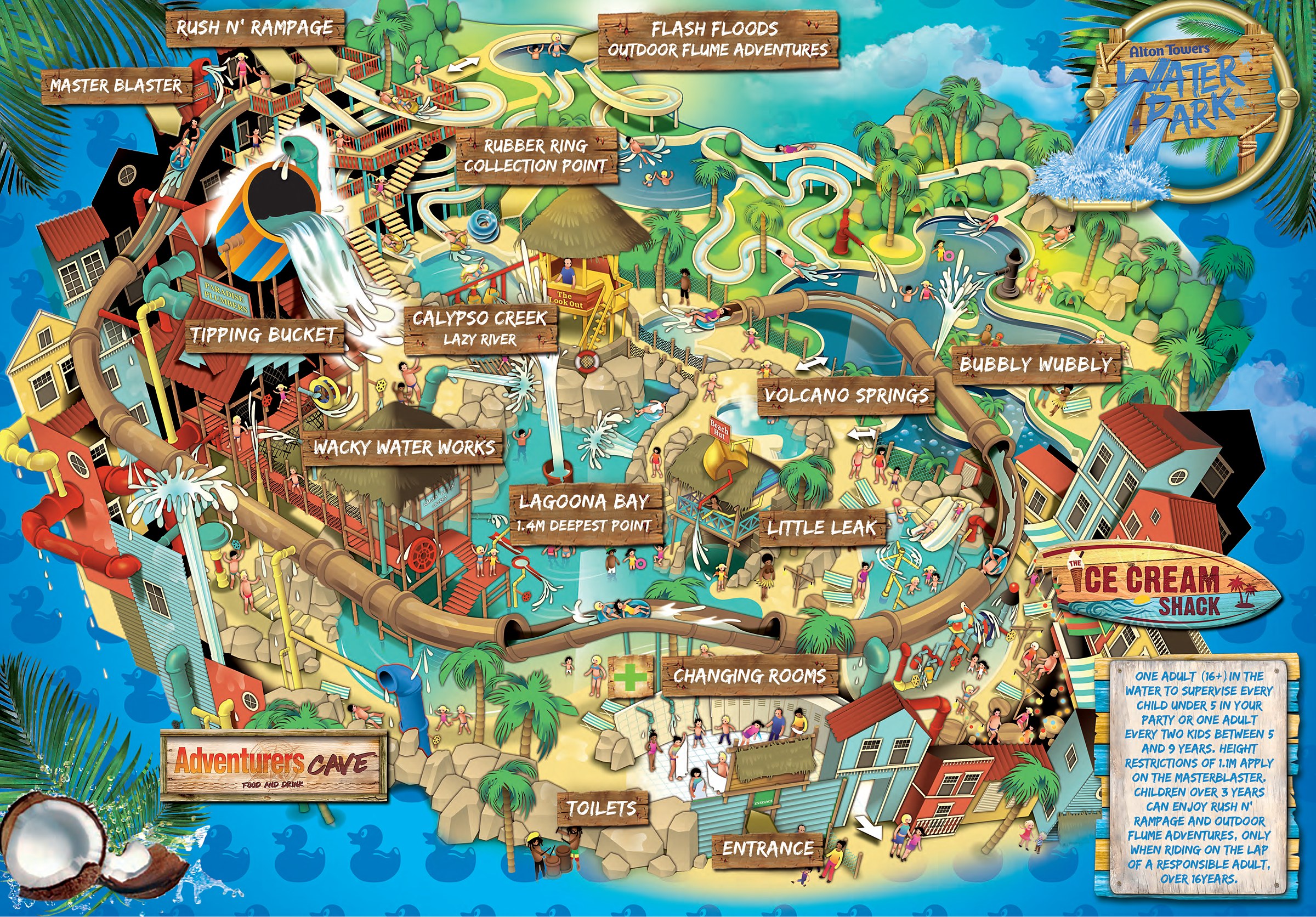 Map of Alton Towers Waterpark 2026 showing the slide towers, Volcanic Springs, and the pools