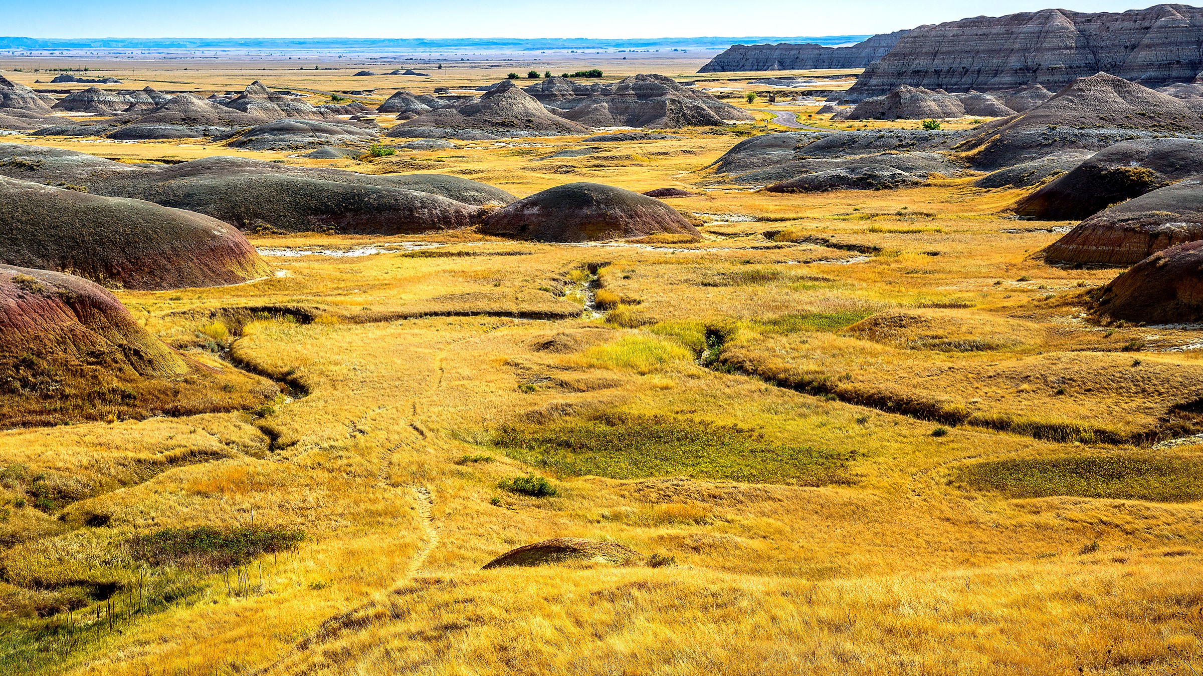 Striped badland formations and prairie wildlife at Badlands National Park