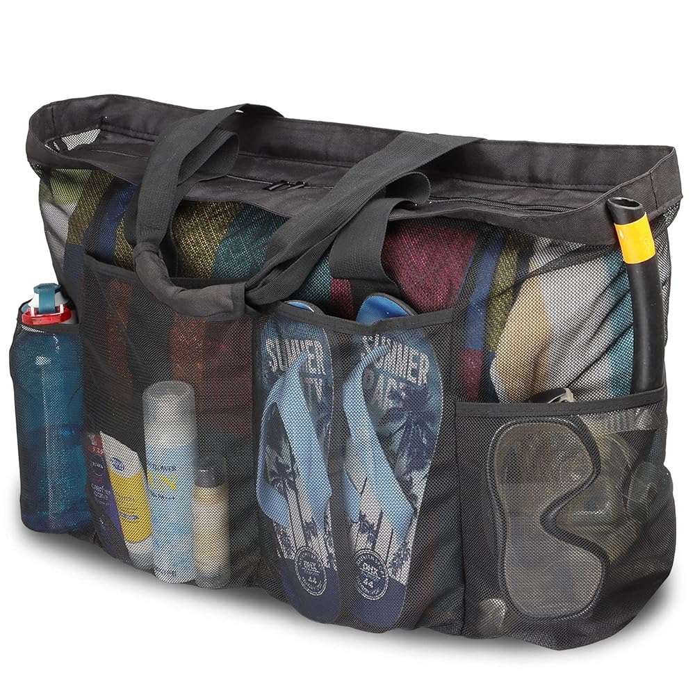 Extra Large Beach Bag Mesh Tote with Zipper and Pockets Ideal for