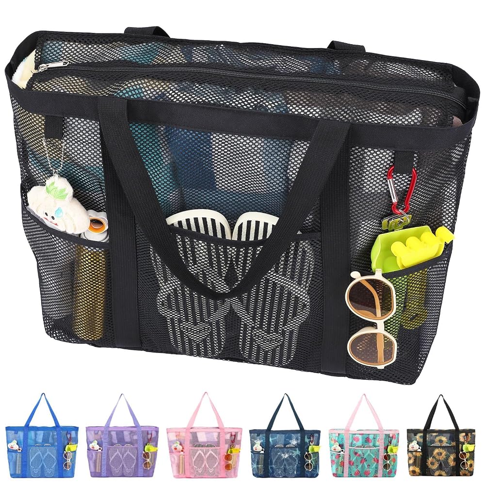 Fammart Mesh Beach Bag with Zipper for Women, Large Beach Tote