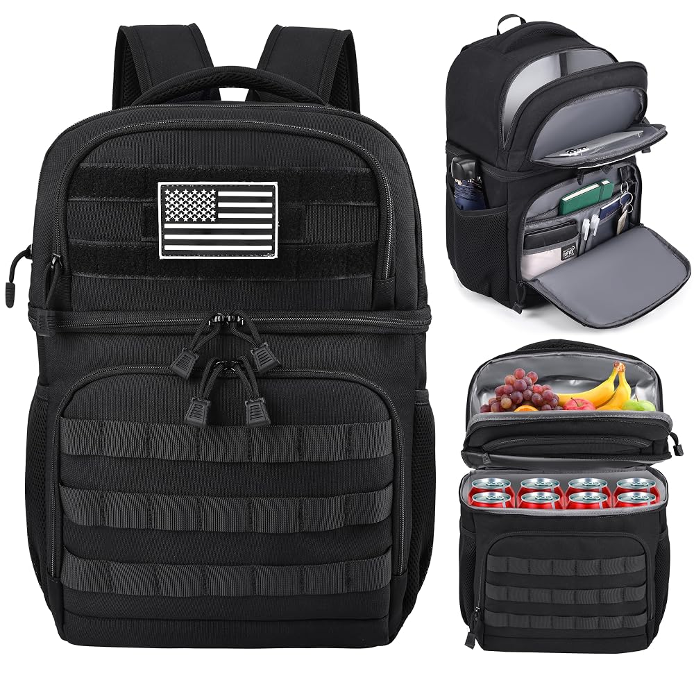 MOZETO Lunch Backpack for Men, Tactical Inspired Double Deck Cooler Backpack Insulated Leakproof RFID Lunchbox