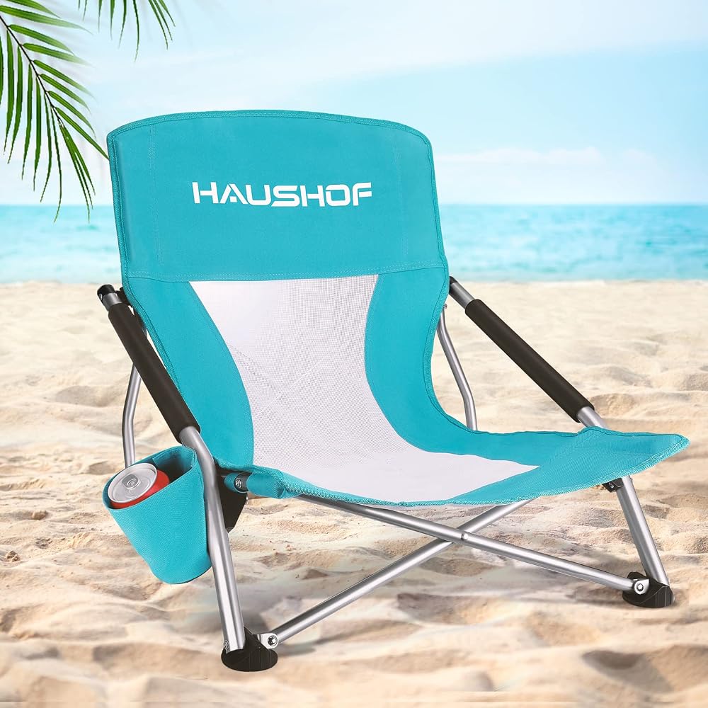 HAUSHOF Low Beach Chair, Mesh Back Folding Chair, Lightweight Low Seat Camping Chairs with Cup Holder, Carry B