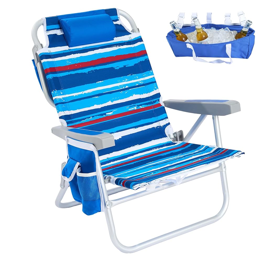 SUNNYFEEL Low Beach Chair 5 Position Lay Flat, Portable Folding Backpack Beach Chairs Heavy Duty with Cooler B