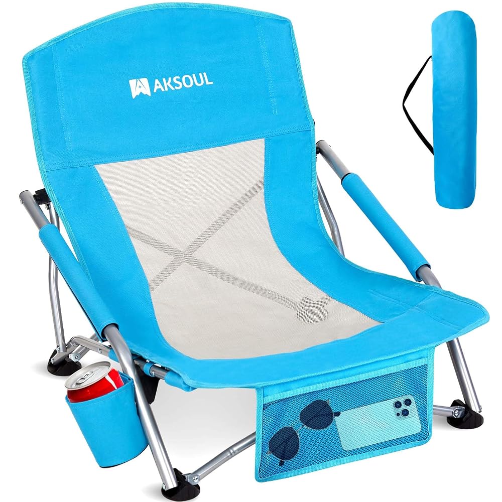 AKSOUL Folding Beach Chair for Adults: Low/High Back Chairs with Carry Bag: Extra Wide Seat Chair with Comfor