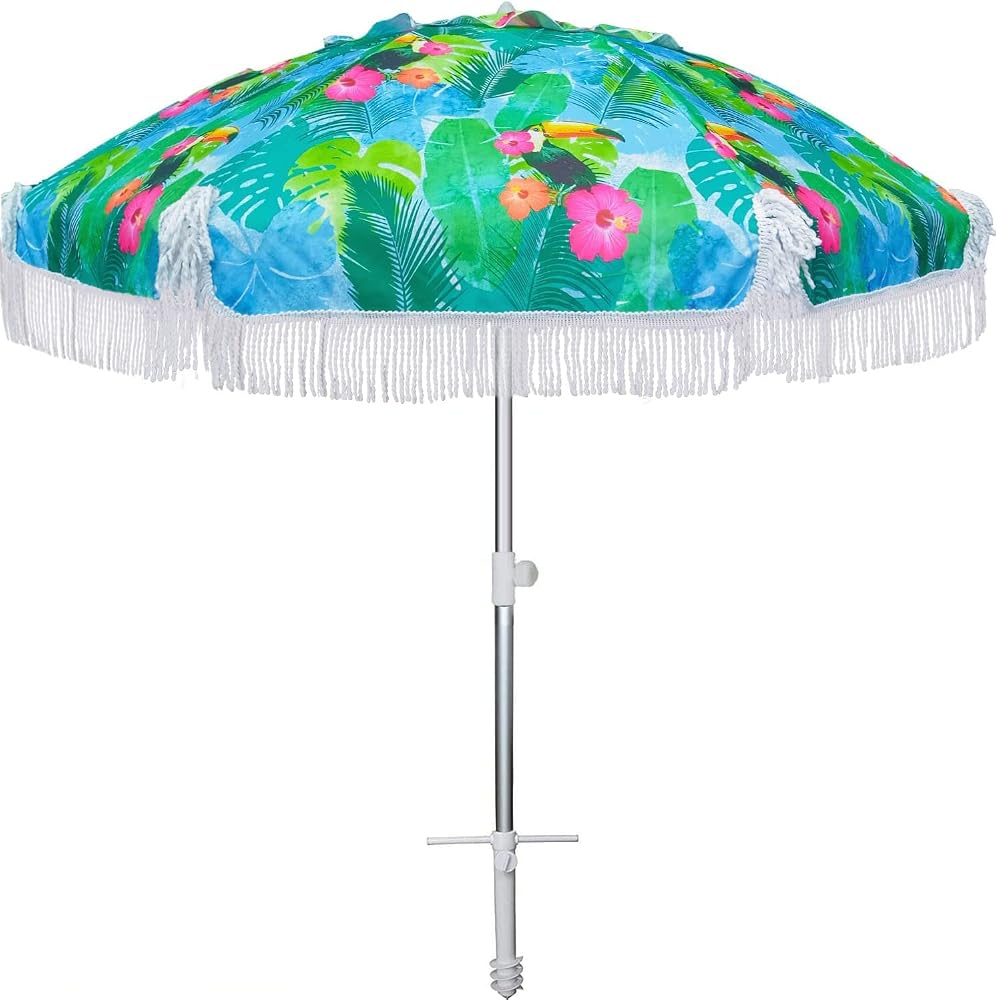 AMMSUN 6.5ft Heavy Duty HIGH Wind fringe Beach Umbrella with sand anchor Vent Tilt Portable Sun Shelter UPF 50