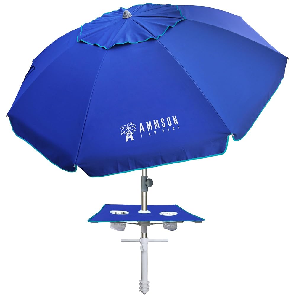 AMMSUN 7ft Heavy Duty High Wind Beach Umbrella with sand anchor, Built-in Table Tray Vent Tilt Pole, UPF 50+ W