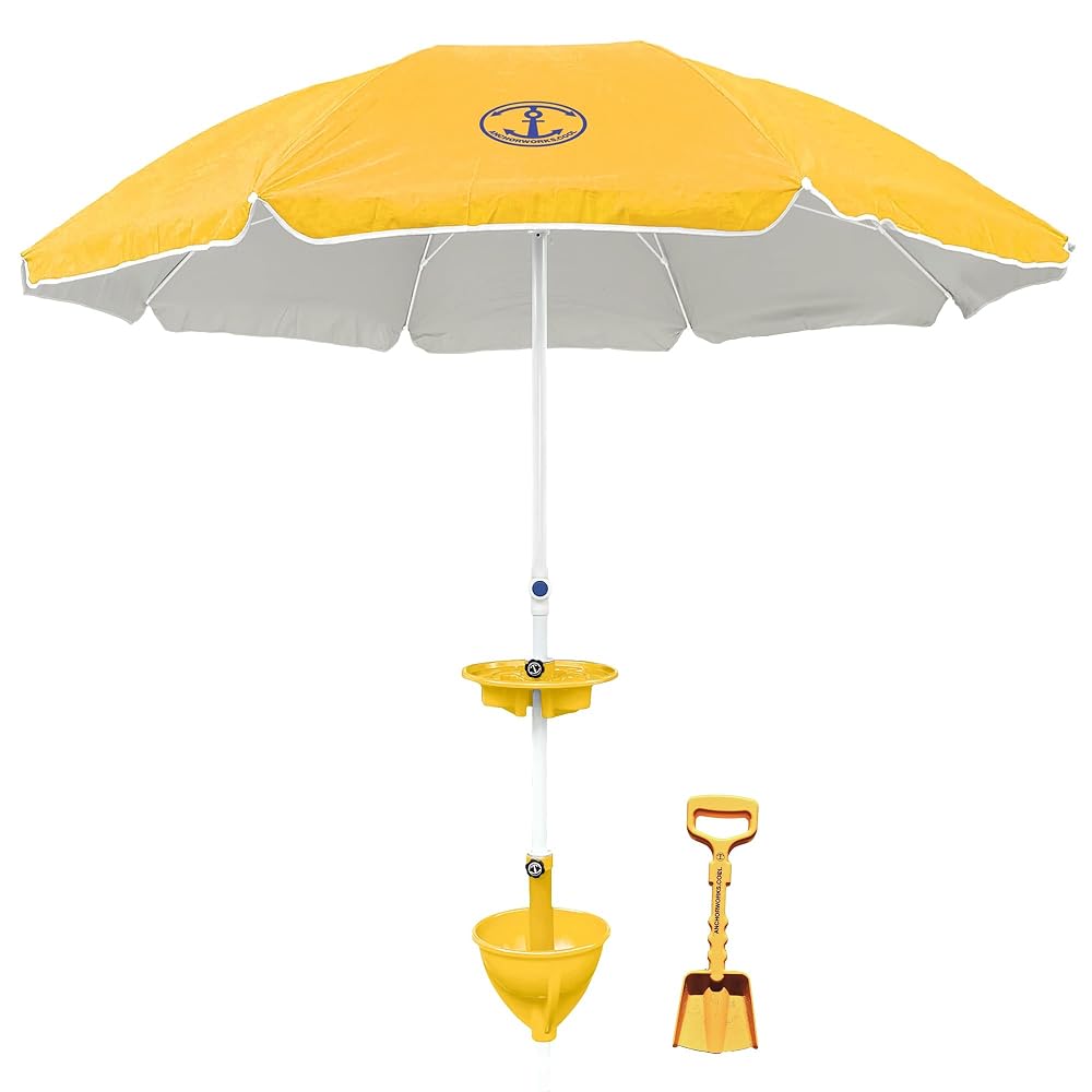Anchor Works All-In-One Classic Beach Umbrella System: Secure & Wind-Resistant with Heavy-Duty Patented Ancho