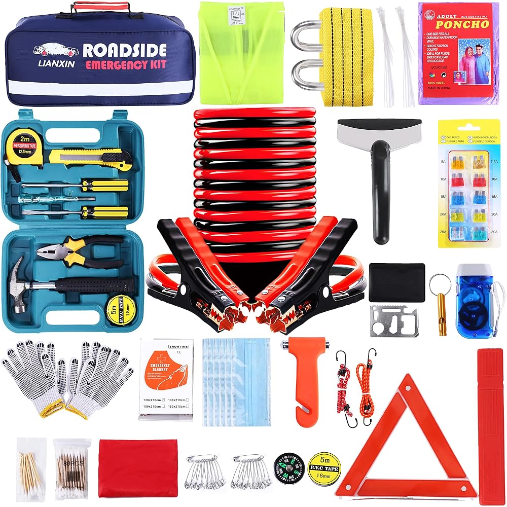 142 PCS Emergency Roadside Kit for Car ,Safety Car Kit with Jumper Cables | Roadside Assistance Emergency Kit