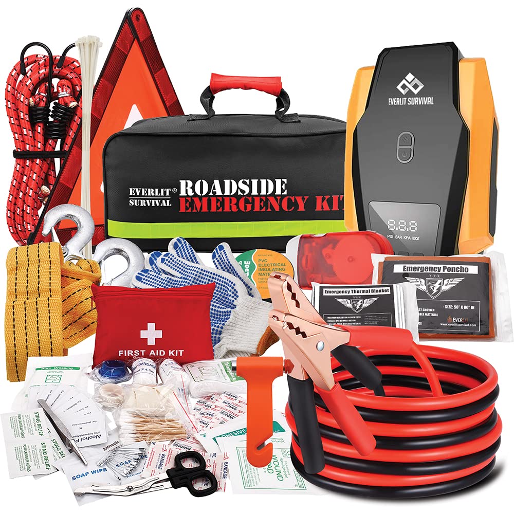 Everlit Survival Car Emergency Kit, Roadside Safety Tool Kit with Gloves,Digital Auto Air Compressor Tire Infl