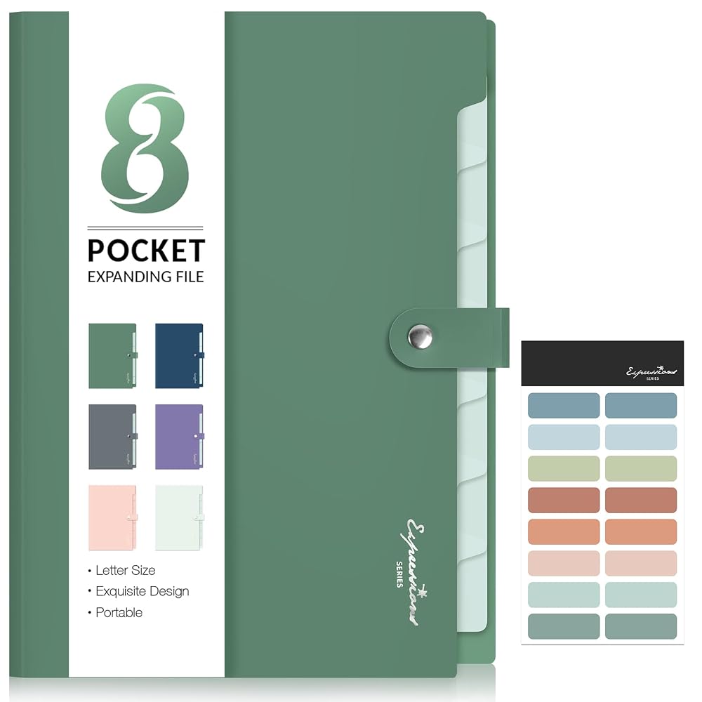 Sooez Elegant Accordion File Organizer, 8 Pocket Expanding File Folders with Labels, Portable Folder for Docum