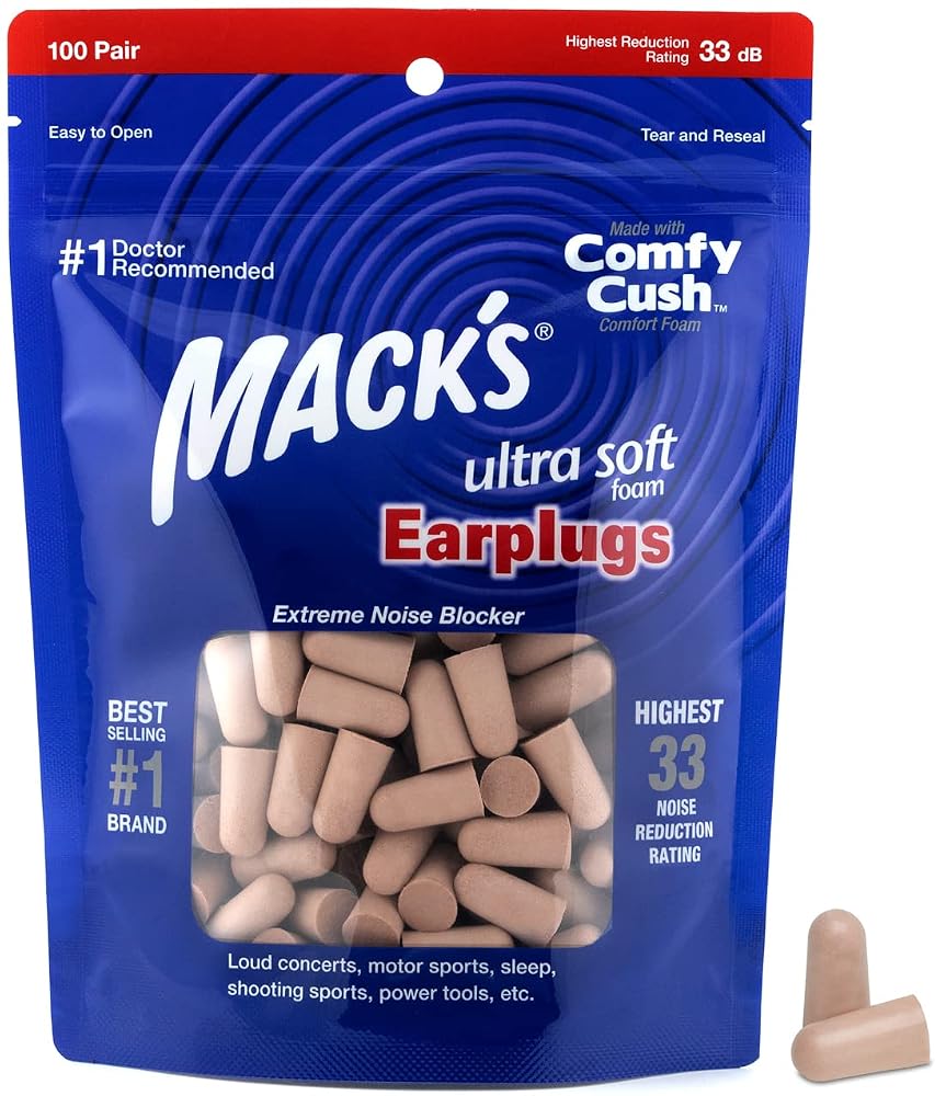 Mack's Ultra Soft Foam Earplugs, 100 Pair Bag: 33dB Highest NRR, Comfortable Ear Plugs for Sleeping, Snoring,