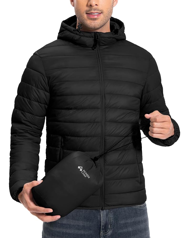 Pioneer Camp Mens Lightweight Packable Puffer Jacket Hooded Insulated Thermal Puffy Winter Jackets for Running