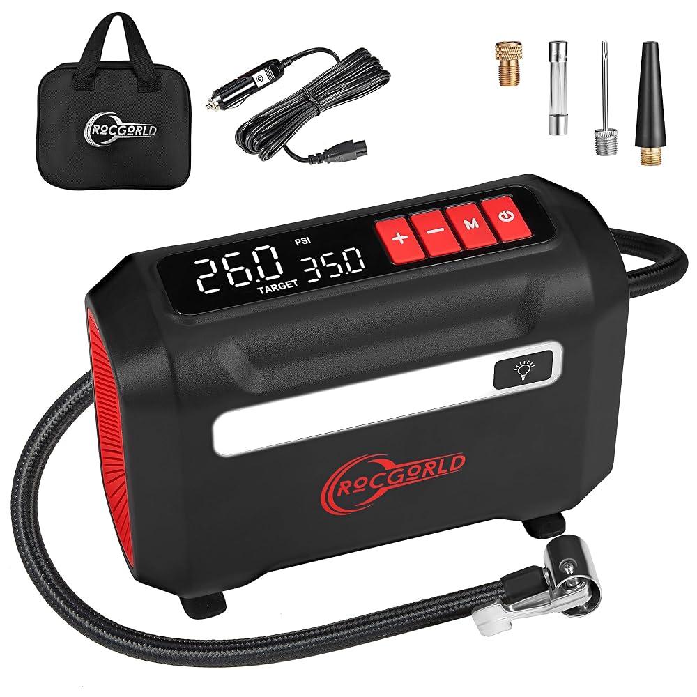 ROCGORLD R8 Tire Inflator Portable Air Compressor, DC 12V Air Compressor Portable with Large Dual Digital Scre