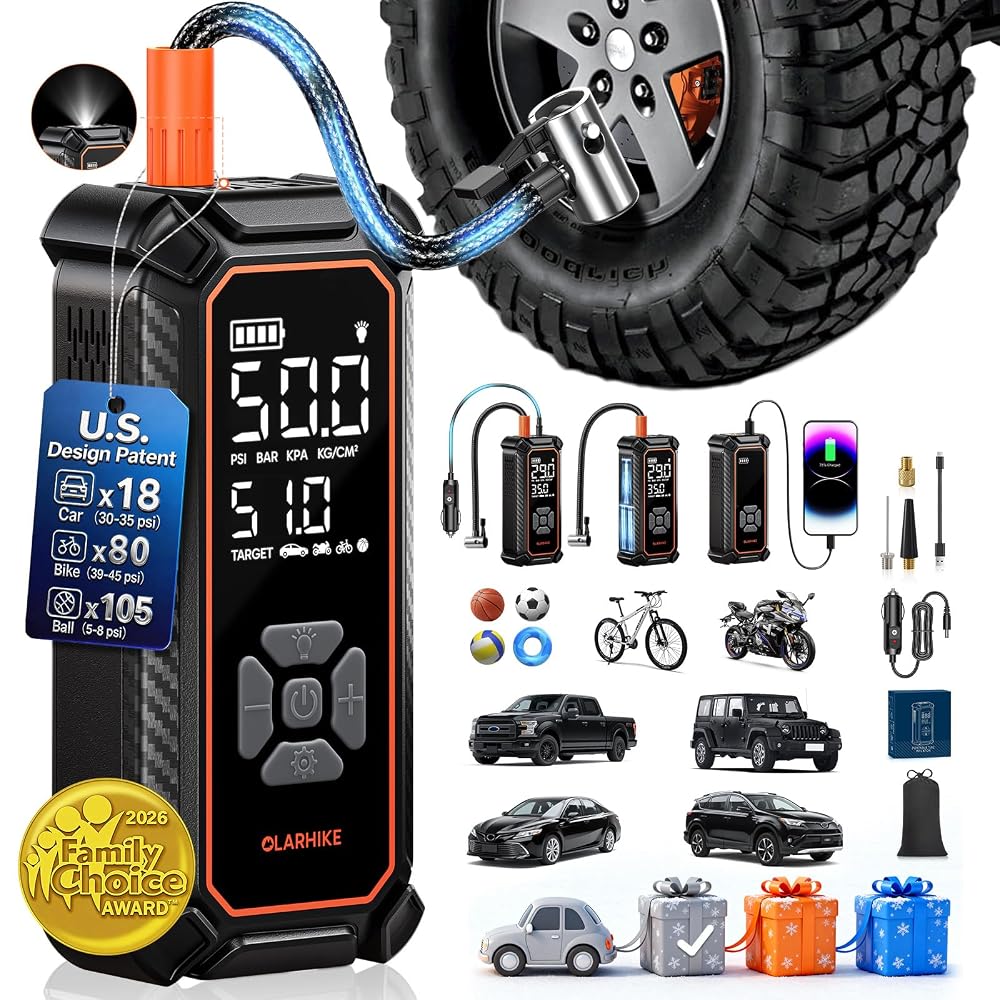 OlarHike Tire Inflator Portable Air Compressor, Lightning-Fast Inflation, Dual Power: 6000mAh & 12V DC, Cordl