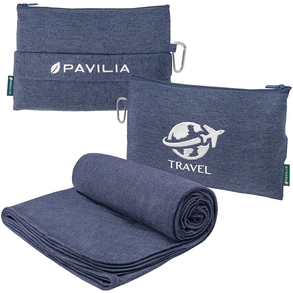 PAVILIA Travel Blanket Compact, Airplane Packable Bag, Soft Fleece Portable Throw Pillow Combo Set, Plane Flig