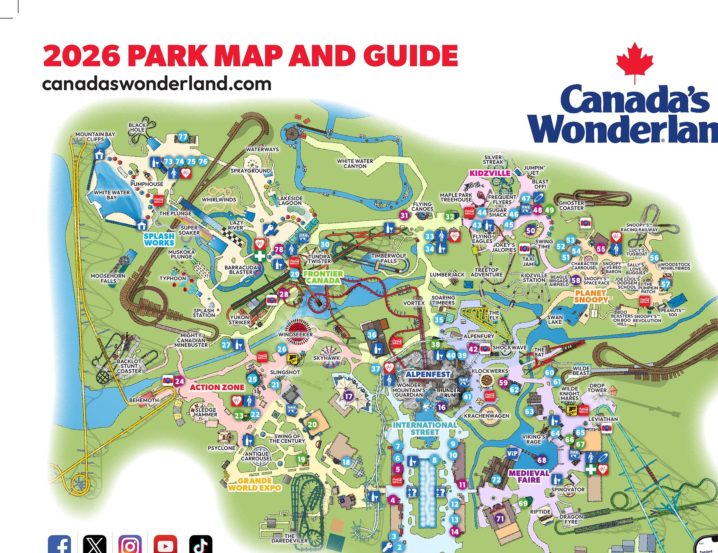Official Canada's Wonderland park map for 2026 with Wonder Mountain, Frontier Canada, and the coaster lineup