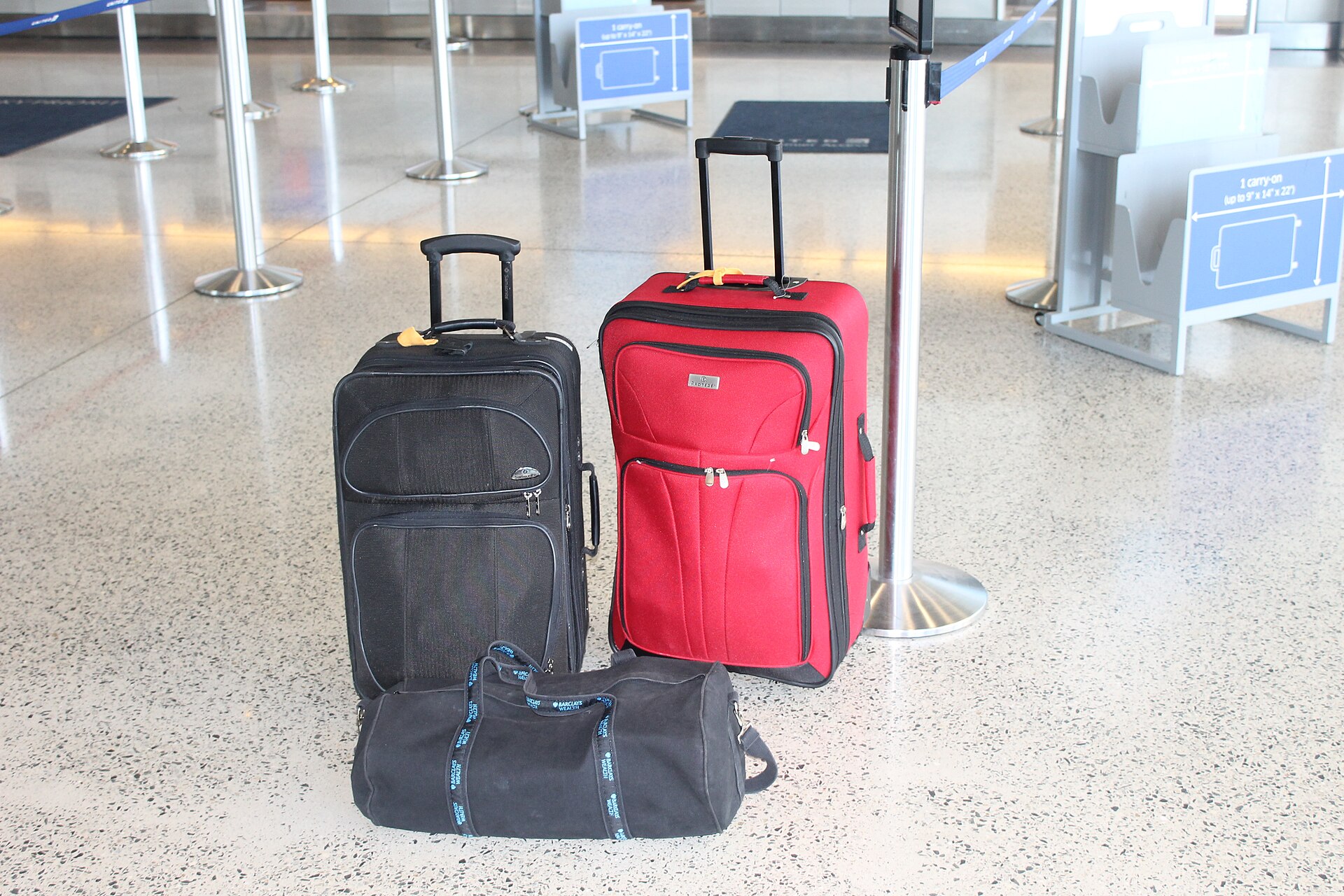 Checked and carry-on luggage lined up at an airport